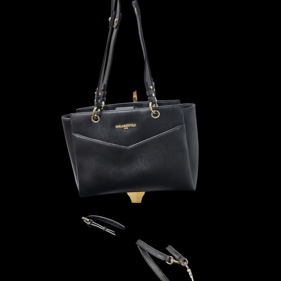 Karl Lagerfeld Black Structured Leather Satchel Gold Hardware With Dustbag NWOT - Picture 3 of 16